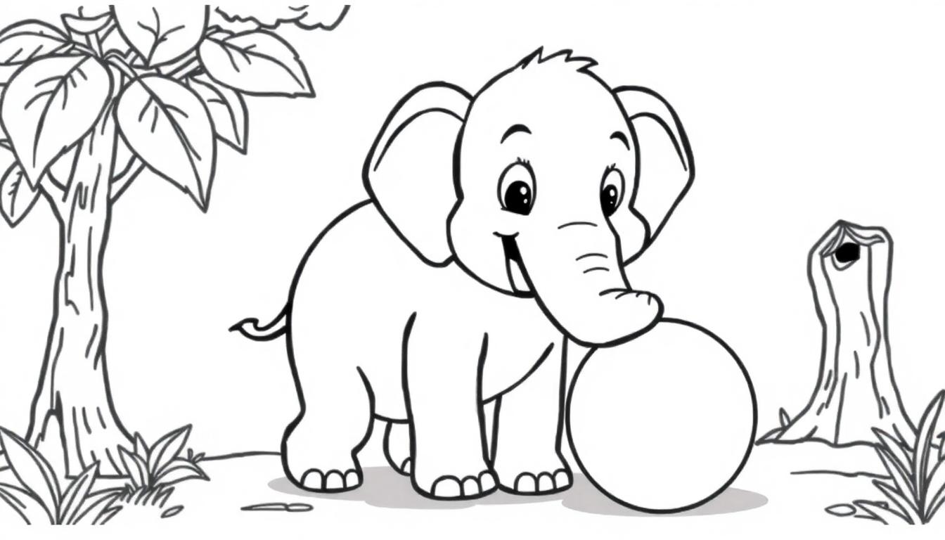 Bentley, der fröhliche Elefant, spielt mit seinem Ball auf dieser Farbtafel-Zeichenvorlage.