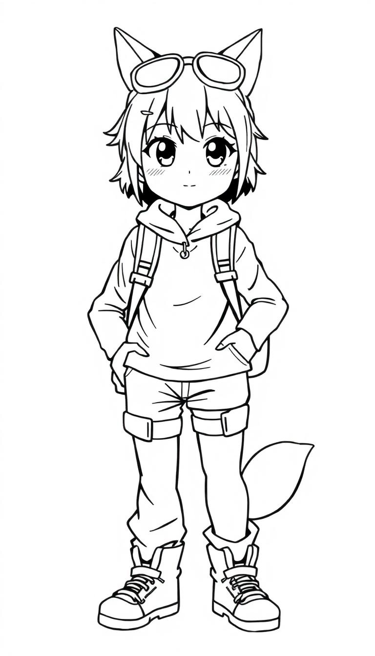 Ein Manga-Mädchen mit Katzenohren und einem Schwanz, das eine Fliegerbrille auf der Stirn trägt und lässige Kleidung mit einem Rucksack anhat.
