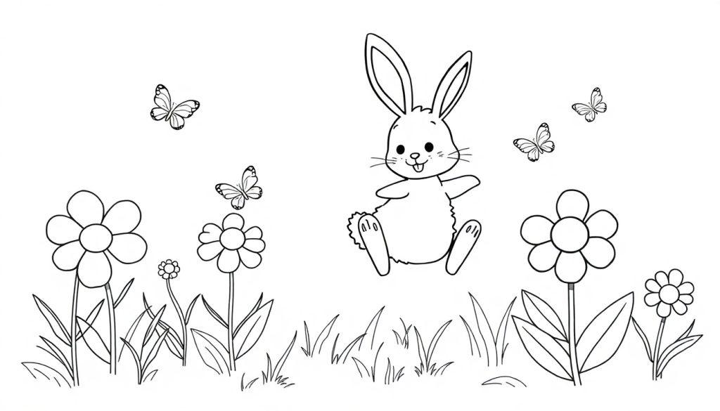 Bing, das kleine Häschen, schwebt inmitten bunter Blumen und Grashalme in einer schwarz-weißen Farbtafel-Zeichnung.