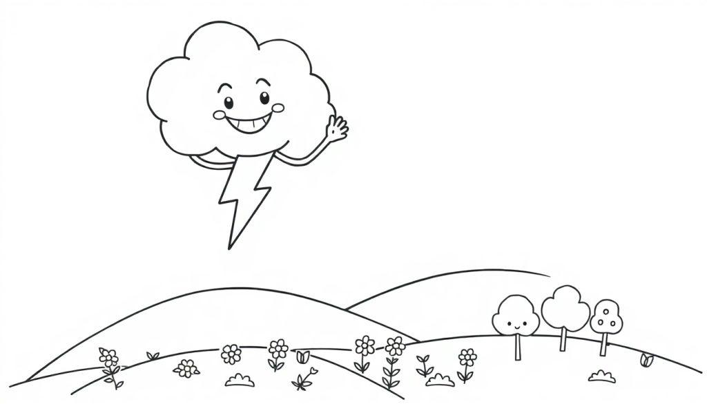 Eine freundliche Schwarz-Weiß-Farbtafel einer lächelnden Wolke mit einem Blitzkörper, der auf eine Hügellandschaft mit Blumen und Bäumen winkt.