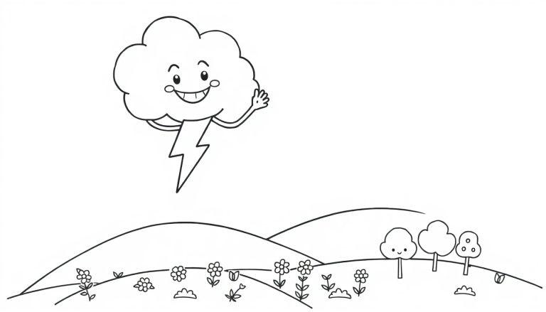 Eine freundliche Schwarz-Weiß-Farbtafel einer lächelnden Wolke mit einem Blitzkörper, der auf eine Hügellandschaft mit Blumen und Bäumen winkt.