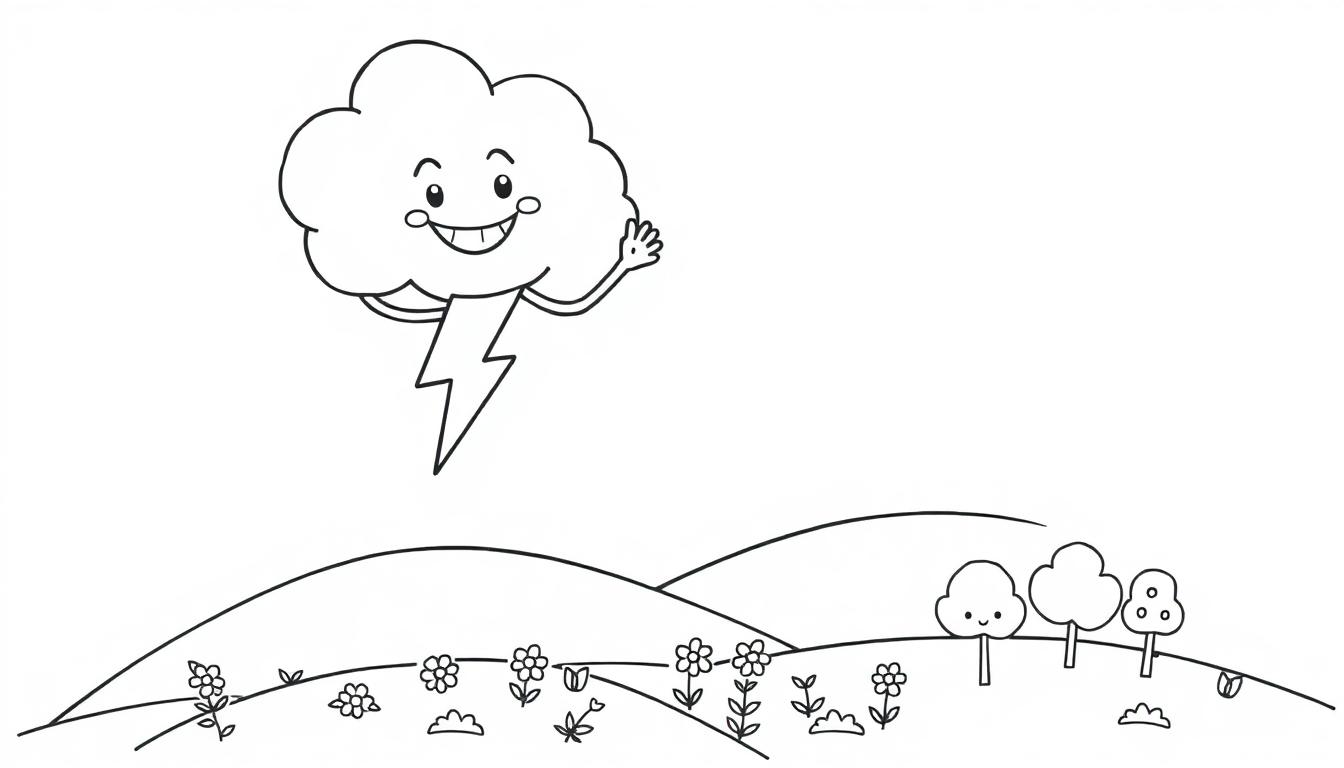 Eine freundliche Schwarz-Weiß-Farbtafel einer lächelnden Wolke mit einem Blitzkörper, der auf eine Hügellandschaft mit Blumen und Bäumen winkt.