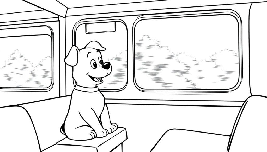Ein Cartoon-Hund mit großen Augen fährt Zug und schaut aus dem Fenster.