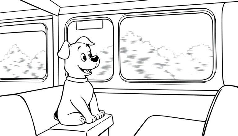 Ein Cartoon-Hund mit großen Augen fährt Zug und schaut aus dem Fenster.
