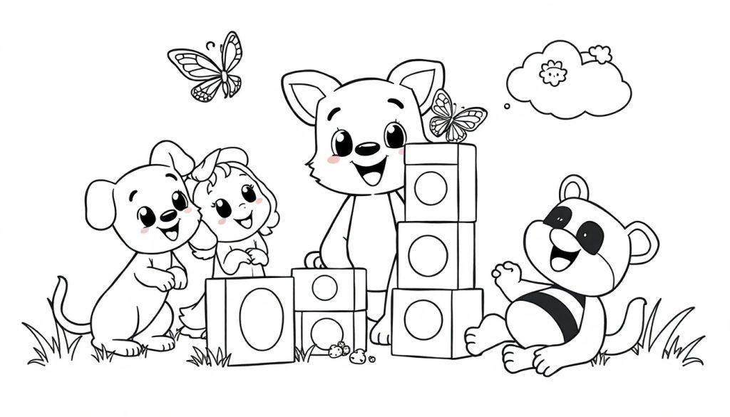 Eine Schwarz-Weiß-Farbtafel-Zeichnung von Bluey, wie sie mit einem Hund und einem Pandabären mit Bauklötzen spielt. Ein Schmetterling fliegt über ihnen.
