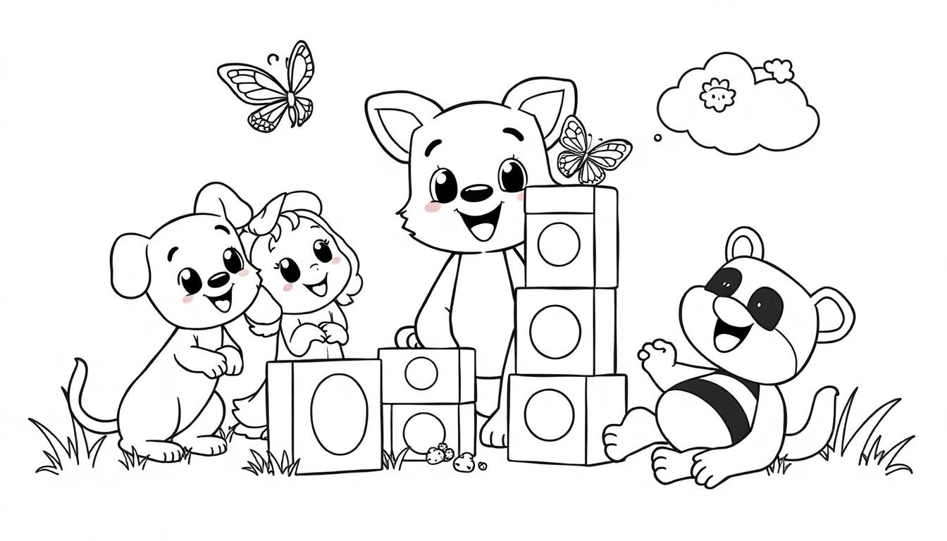 Eine Schwarz-Weiß-Farbtafel-Zeichnung von Bluey, wie sie mit einem Hund und einem Pandabären mit Bauklötzen spielt. Ein Schmetterling fliegt über ihnen.