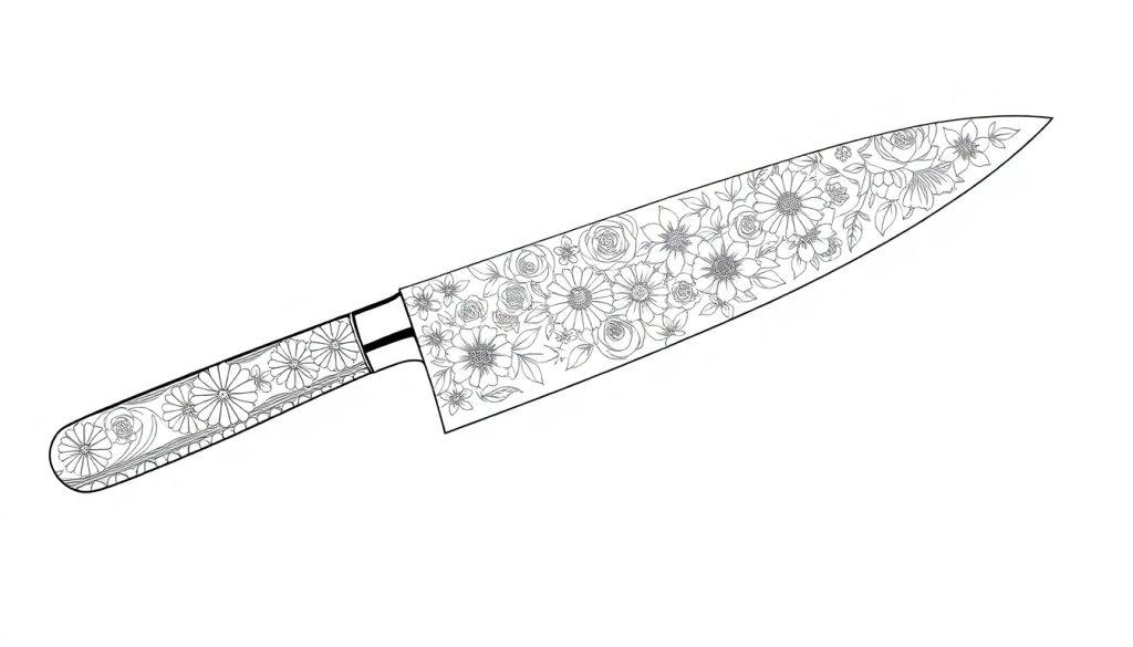 Ein Santokumesser mit wunderschönen Blumen und Blättern, die auf der Klinge und dem Griff graviert sind.