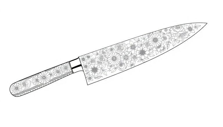 Ein Santokumesser mit wunderschönen Blumen und Blättern, die auf der Klinge und dem Griff graviert sind.