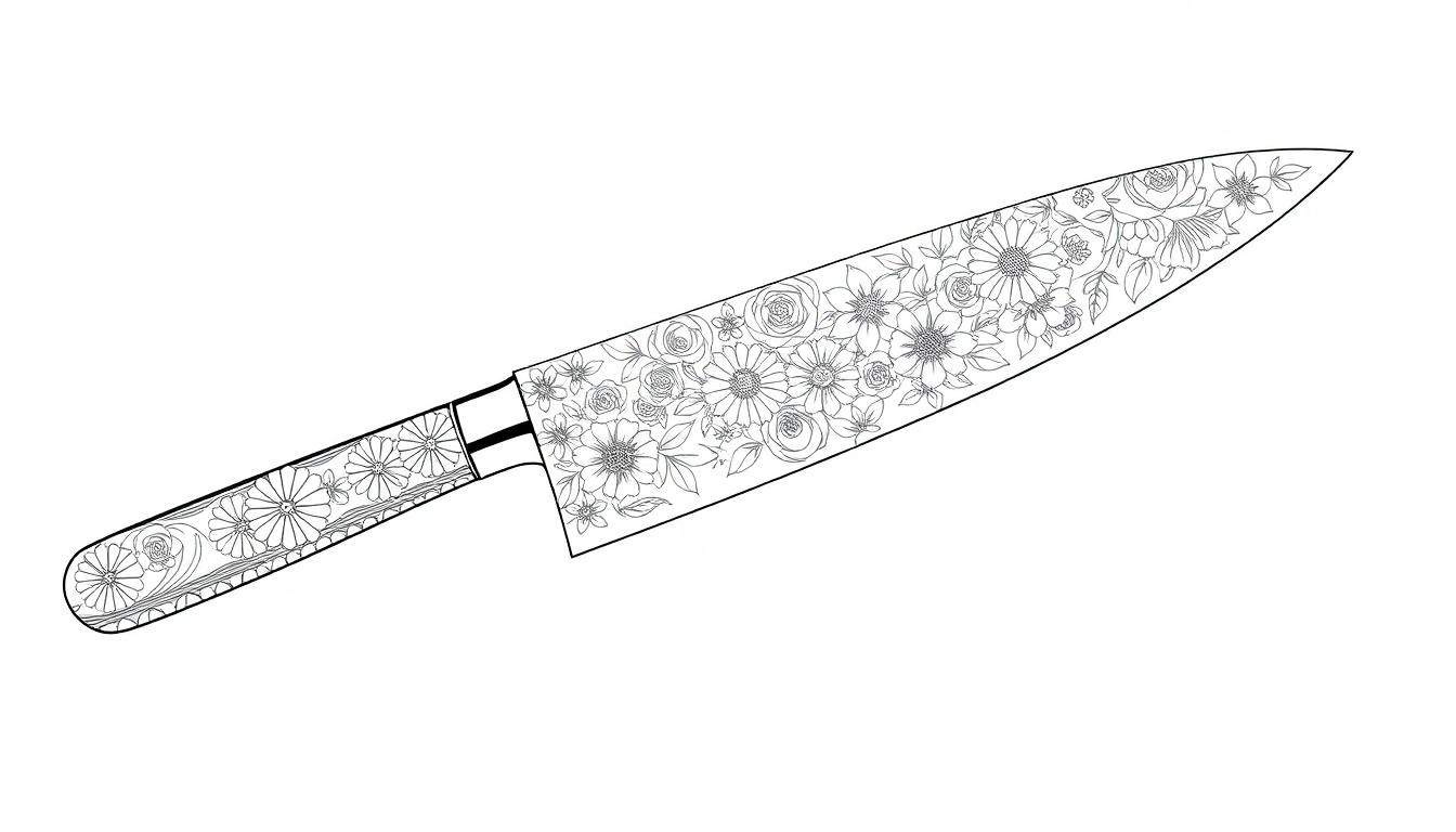 Ein Santokumesser mit wunderschönen Blumen und Blättern, die auf der Klinge und dem Griff graviert sind.