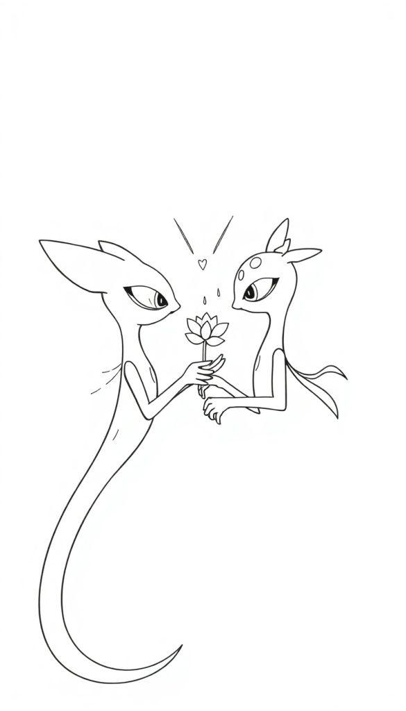 Zwei niedliche, reptilienartige Kreaturen schenken sich gegenseitig eine Blume.