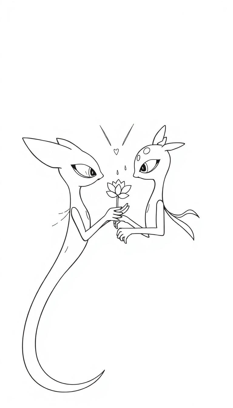 Zwei niedliche, reptilienartige Kreaturen schenken sich gegenseitig eine Blume.