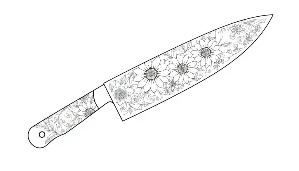 Ein Santokumesser mit voller Blumenverzierung.