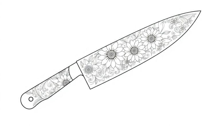 Ein Santokumesser mit voller Blumenverzierung.
