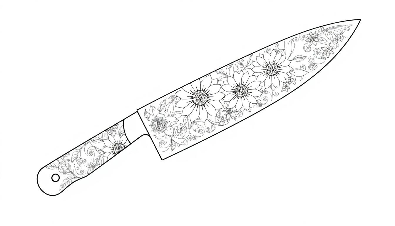 Ein Santokumesser mit voller Blumenverzierung.