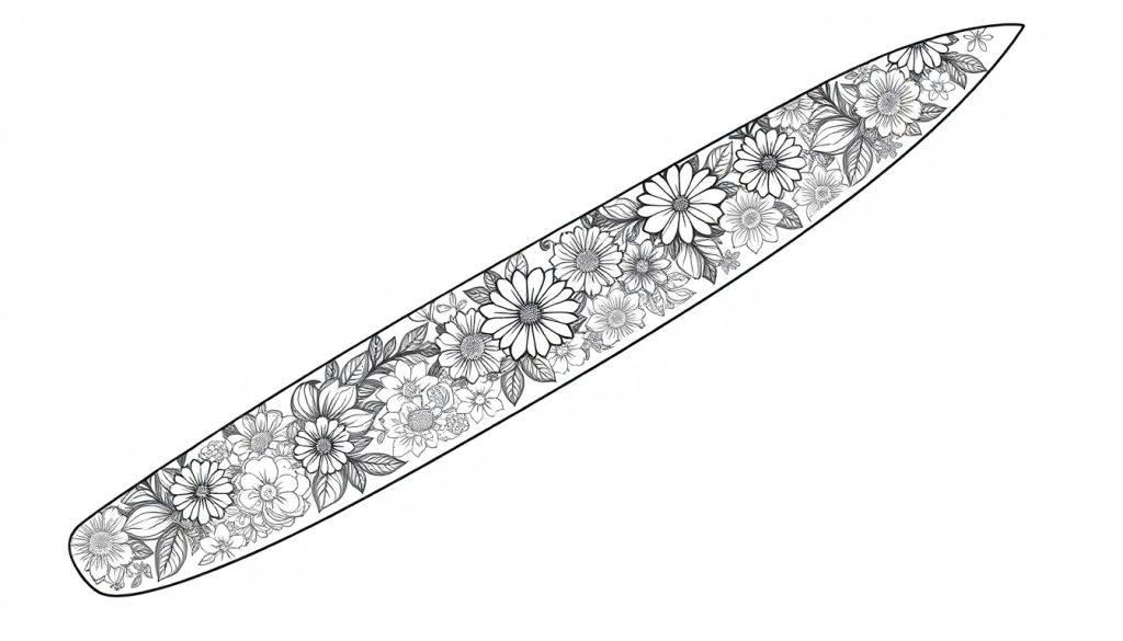 Ein Santokumesser mit einer Gravur von Blumen und Blättern.