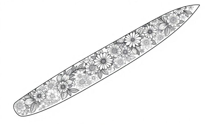 Ein Santokumesser mit einer Gravur von Blumen und Blättern.