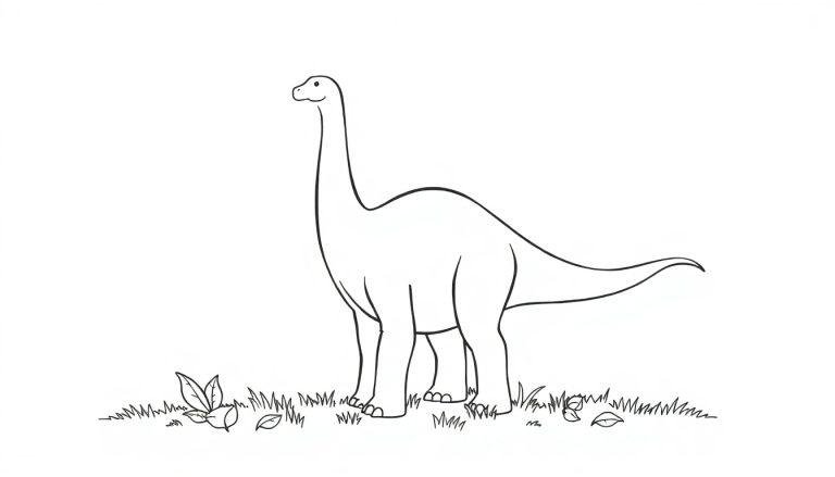 Schwarz-weisse Farbtafel-Strichzeichnung eines Brachiosaurus mit langem Hals.