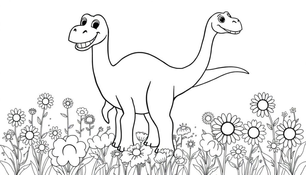 Schwarz-Weiß-Farbtafel eines freundlichen Cartoon-Brachiosaurus in einem Blumenfeld.
