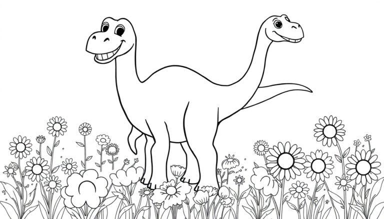 Schwarz-Weiß-Farbtafel eines freundlichen Cartoon-Brachiosaurus in einem Blumenfeld.