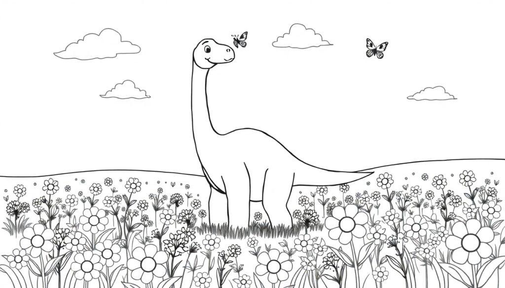 Schwarz-weiß Farbtafel-Illustration eines freundlichen Brachiosaurus in einer Blumenwiese mit Schmetterlingen und Wolken im Hintergrund.