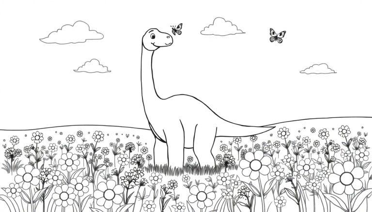 Schwarz-weiß Farbtafel-Illustration eines freundlichen Brachiosaurus in einer Blumenwiese mit Schmetterlingen und Wolken im Hintergrund.