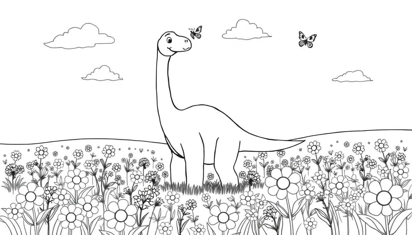Schwarz-weiß Farbtafel-Illustration eines freundlichen Brachiosaurus in einer Blumenwiese mit Schmetterlingen und Wolken im Hintergrund.