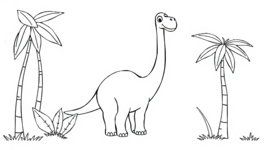 Schwarz-weiße Farbtafel eines freundlichen Brachiosaurus inmitten tropischer Palmen, bereit zum Ausmalen für Kinder.