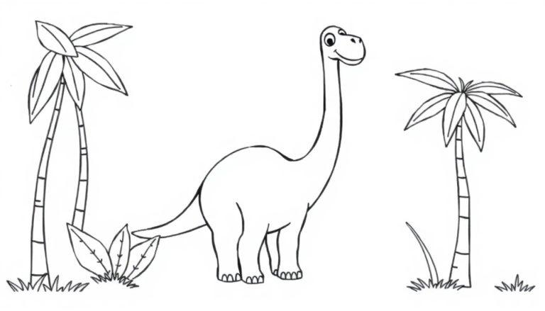 Schwarz-weiße Farbtafel eines freundlichen Brachiosaurus inmitten tropischer Palmen, bereit zum Ausmalen für Kinder.