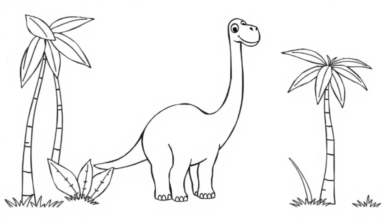 Schwarz-weiße Farbtafel eines freundlichen Brachiosaurus inmitten tropischer Palmen, bereit zum Ausmalen für Kinder.