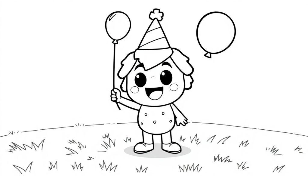 Brawl Stars Charakter Ausmaltafel mit einem niedlichen Kind im Partyhut und Ballons.