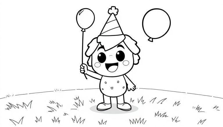 Brawl Stars Charakter Ausmaltafel mit einem niedlichen Kind im Partyhut und Ballons.