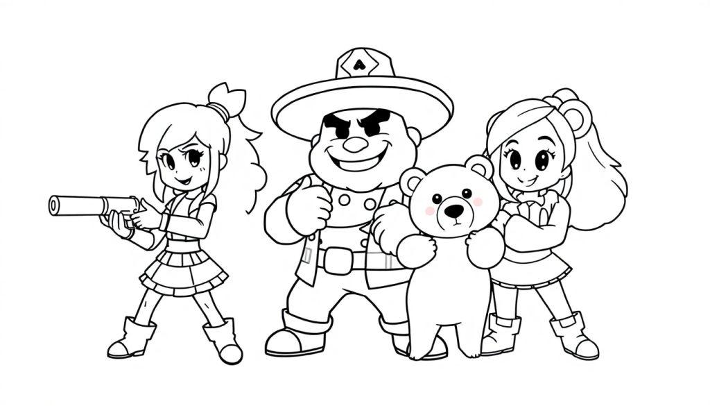 Schwarz-weiße Cartoon-Farbtafel von Brawl Stars Charakteren: ein Mädchen mit Pferdeschwanz und Waffe, ein Mann mit Hut und Daumen hoch, ein Teddybär und ein Mädchen mit Ohren und verschränkten Armen, alle mit großen Augen.