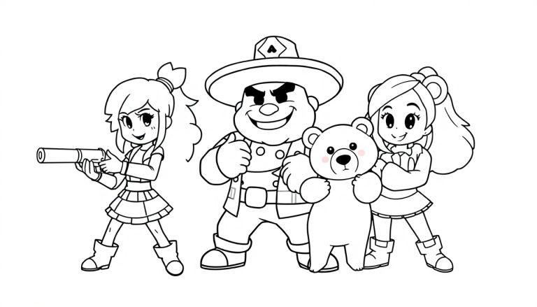 Schwarz-weiße Cartoon-Farbtafel von Brawl Stars Charakteren: ein Mädchen mit Pferdeschwanz und Waffe, ein Mann mit Hut und Daumen hoch, ein Teddybär und ein Mädchen mit Ohren und verschränkten Armen, alle mit großen Augen.