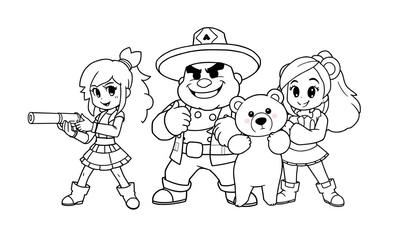 Schwarz-weiße Cartoon-Farbtafel von Brawl Stars Charakteren: ein Mädchen mit Pferdeschwanz und Waffe, ein Mann mit Hut und Daumen hoch, ein Teddybär und ein Mädchen mit Ohren und verschränkten Armen, alle mit großen Augen.
