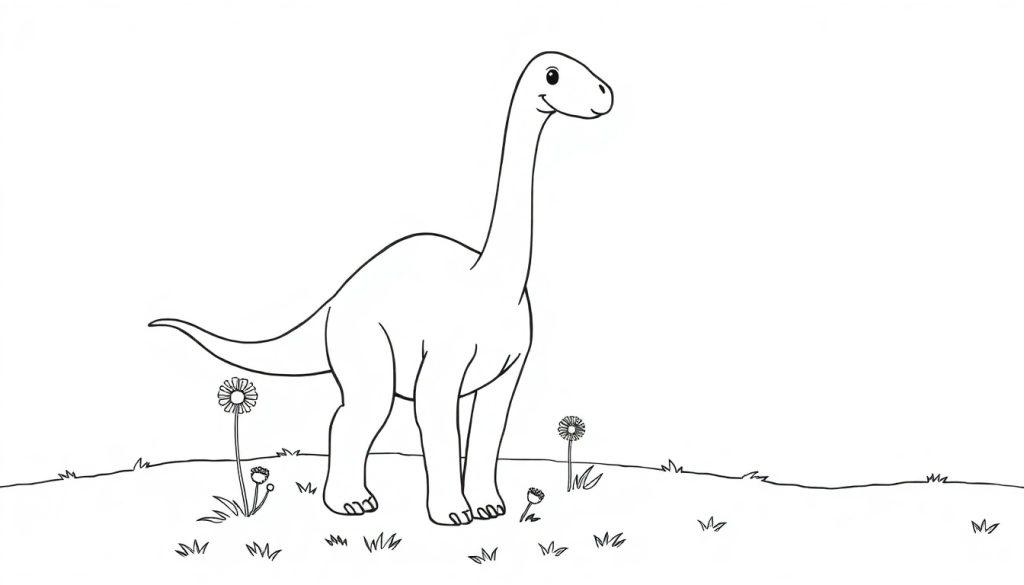 Eine Schwarz-Weiß-Farbtafel eines niedlichen Cartoon-Brontosaurus auf einer Wiese mit Gänseblümchen und Gräsern.