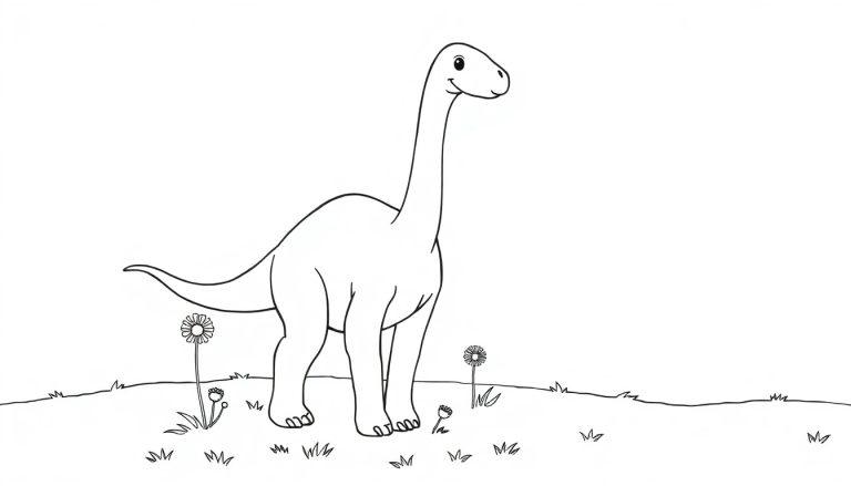 Eine Schwarz-Weiß-Farbtafel eines niedlichen Cartoon-Brontosaurus auf einer Wiese mit Gänseblümchen und Gräsern.