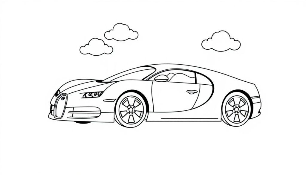 Schwarz-weiße Farbtafel eines Bugatti-Sportwagens mit drei stilisierten Wolken darüber.