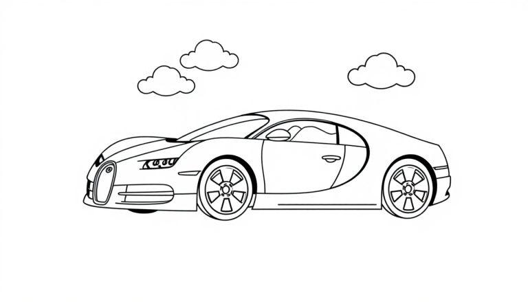Schwarz-weiße Farbtafel eines Bugatti-Sportwagens mit drei stilisierten Wolken darüber.