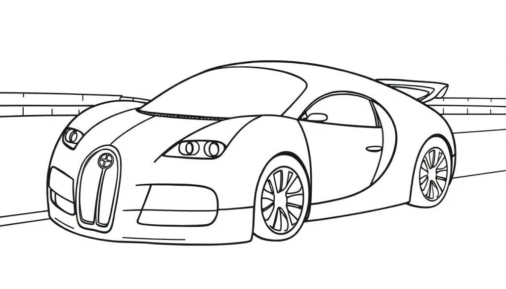 Eine Schwarz-Weiß-Farbtafel eines Bugatti-Supersportwagens, bereit zum Ausmalen.