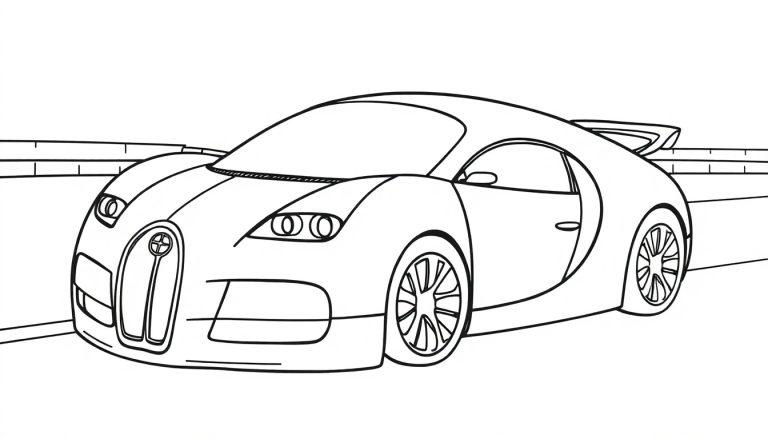 Eine Schwarz-Weiß-Farbtafel eines Bugatti-Supersportwagens, bereit zum Ausmalen.