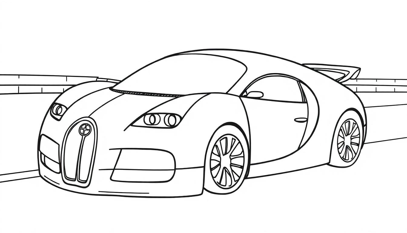 Eine Schwarz-Weiß-Farbtafel eines Bugatti-Supersportwagens, bereit zum Ausmalen.