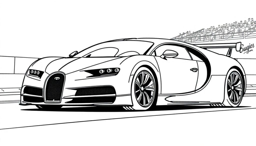 Schwarz-weiße Farbtafel eines Bugatti Chiron-Supersportwagens auf einer Rennstrecke.