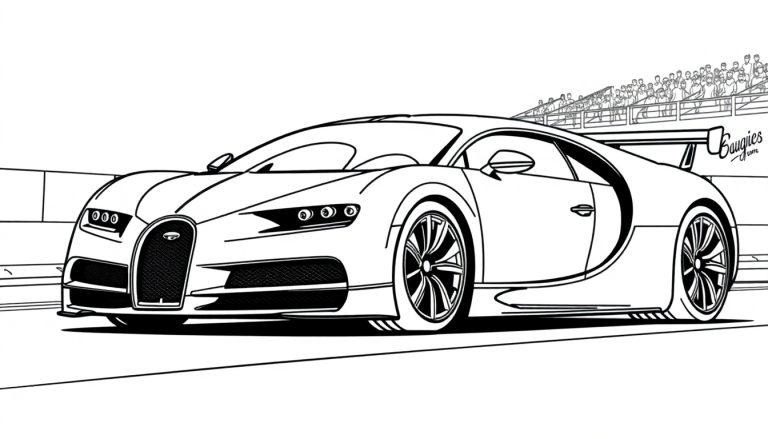 Schwarz-weiße Farbtafel eines Bugatti Chiron-Supersportwagens auf einer Rennstrecke.