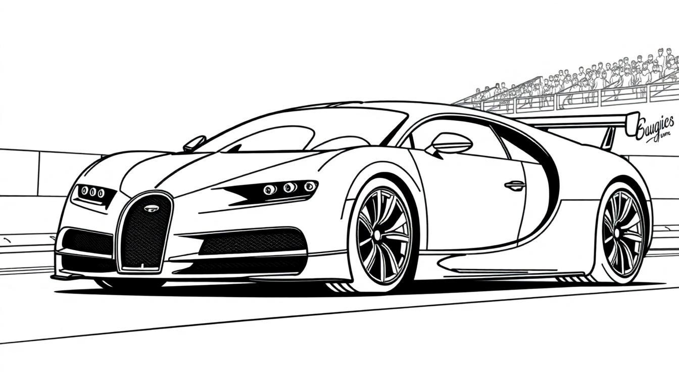 Schwarz-weiße Farbtafel eines Bugatti Chiron-Supersportwagens auf einer Rennstrecke.