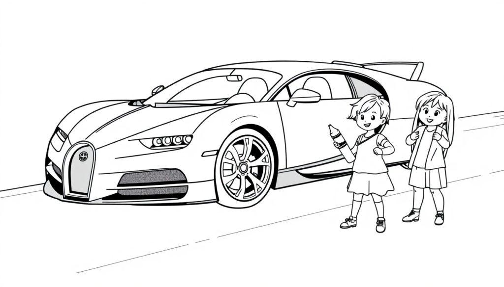Eine Schwarzweiß-Farbtafel-Zeichnung eines Bugatti Sportwagens mit zwei Kindern daneben.