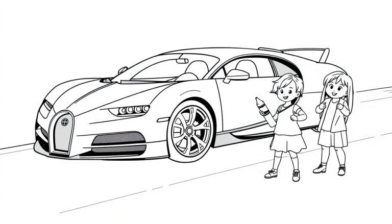 Eine Schwarzweiß-Farbtafel-Zeichnung eines Bugatti Sportwagens mit zwei Kindern daneben.