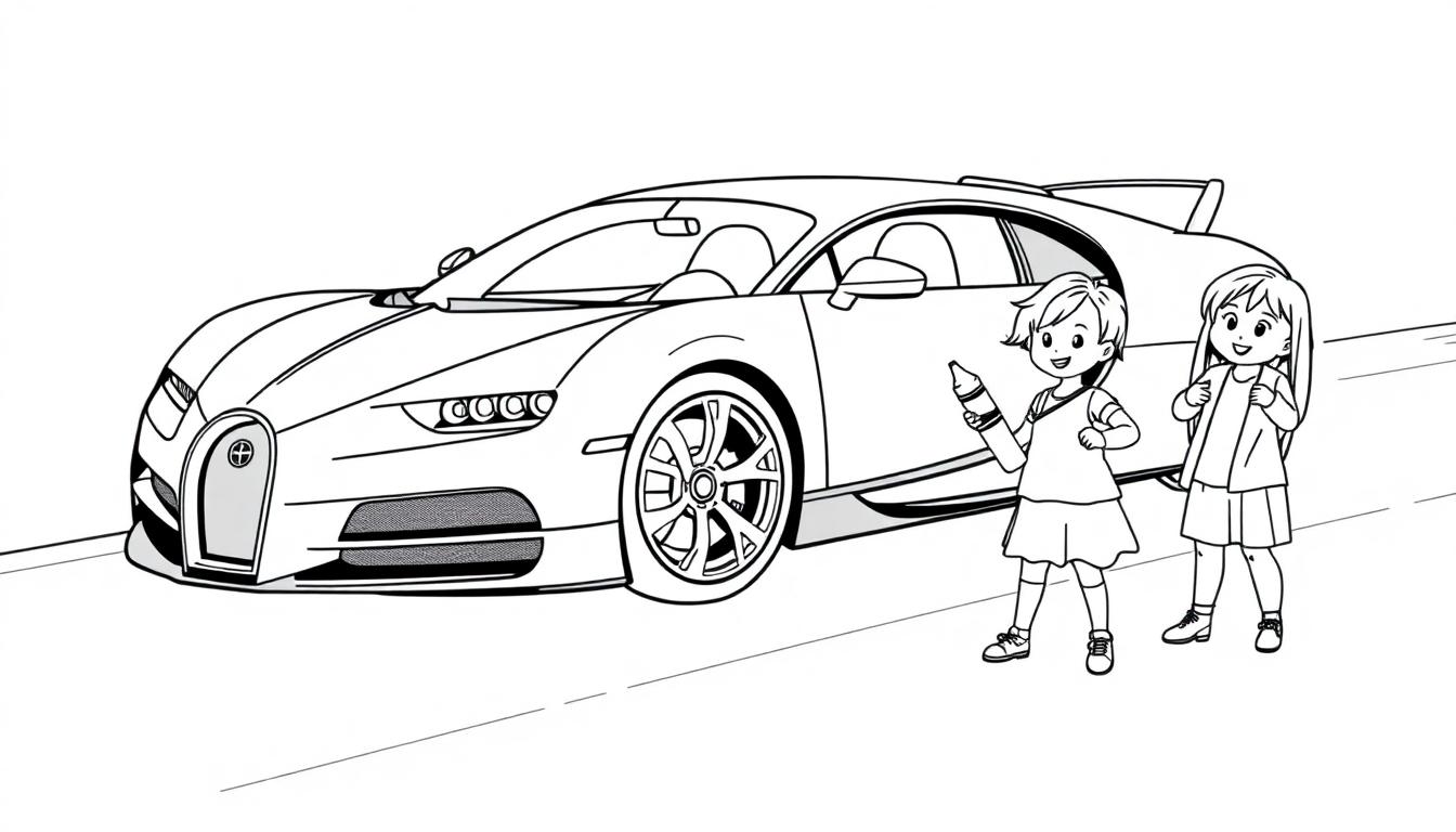Eine Schwarzweiß-Farbtafel-Zeichnung eines Bugatti Sportwagens mit zwei Kindern daneben.