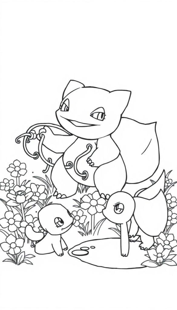 Eine Schwarz-Weiß-Zeichnung einer Kreatur ähnlich Bulbasaur mit zwei kleineren Kreaturen und Blumen.