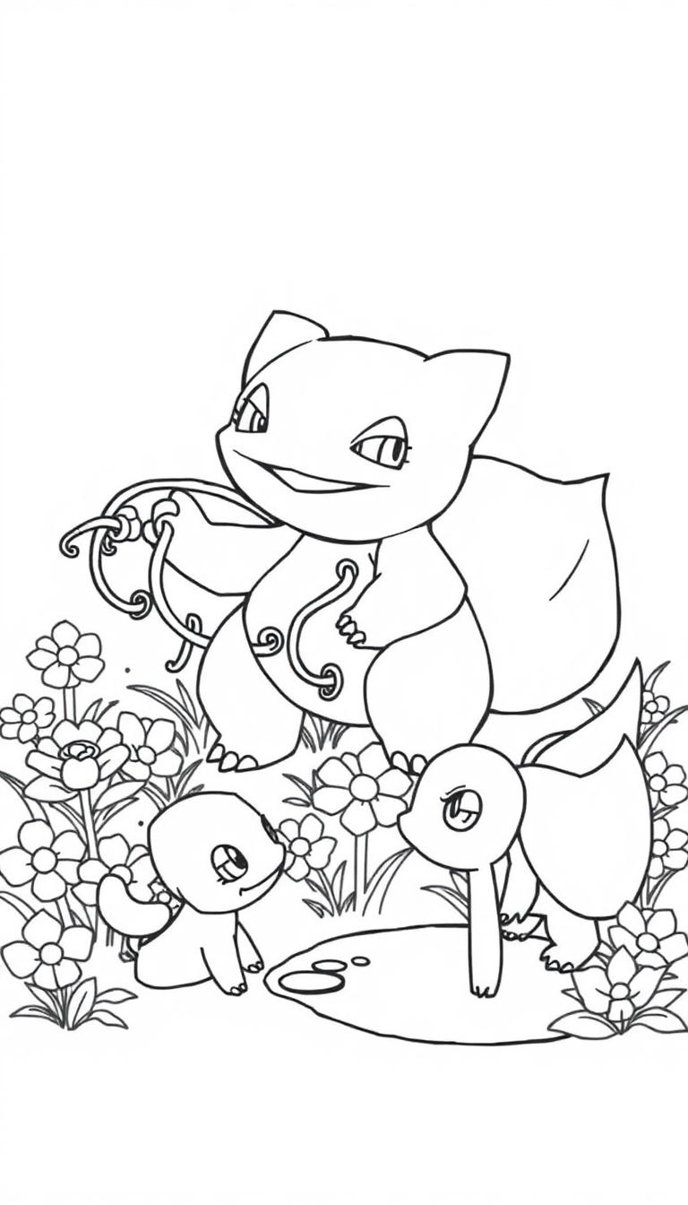 Eine Schwarz-Weiß-Zeichnung einer Kreatur ähnlich Bulbasaur mit zwei kleineren Kreaturen und Blumen.