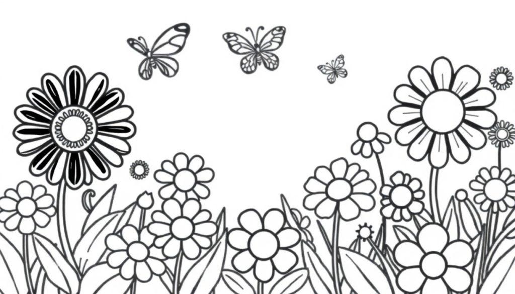Eine Schwarzweiß-Farbtafel einer Blumenwiese mit drei Schmetterlingen.